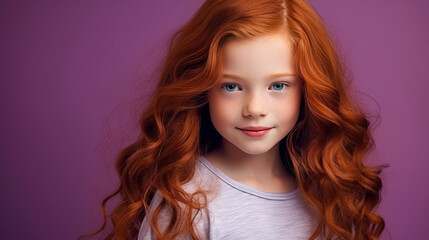 Portrait of a gorgeous cute smiling beautiful baby girl with red hair and perfect skin, purple background, banner.