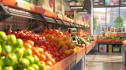 Crowded Supermarket Produce Aisle Brimming with Fresh Fruits and Vegetables