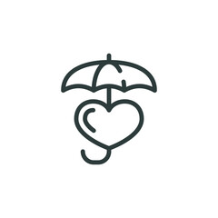 Thin outline icon heart symbol protected by umbrella. Such line sign as insurance health, protection and safety, healthcare. Vector isolated pictogram on white background editable stroke.