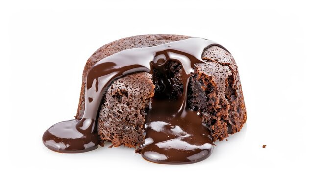 Decadent slice of chocolate lava cake, molten chocolate center oozing out, fudgy cake exterior, isolated background, studio lighting, perfect for dessert display advertising