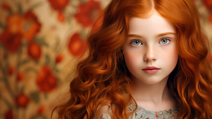 Fototapeta premium Portrait of a gorgeous cute smiling beautiful baby girl with red hair and perfect skin, golden background, banner.