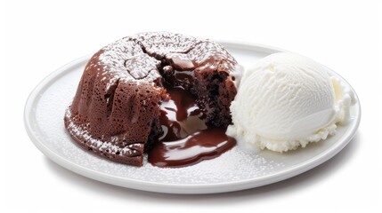 Gooey chocolate lava cake with molten center, vanilla ice cream on the side, isolated background, studio lighting, high clarity and quality, ideal for advertising