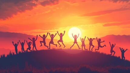 Silhouette of Stick Characters Celebrating and Cheering