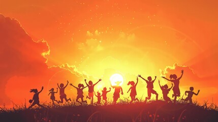 Fototapeta premium Silhouette of Stick Characters Celebrating and Cheering