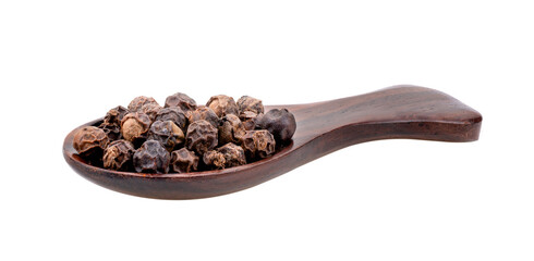 Black pepper corns in wood spoon isolated on transparent png