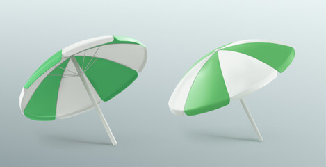 Beach umbrellas set isolated on background. Vector realistic illustration of striped green and white parasols, sunny weather protection, symbol of summer seaside vacation, pool or garden accessory