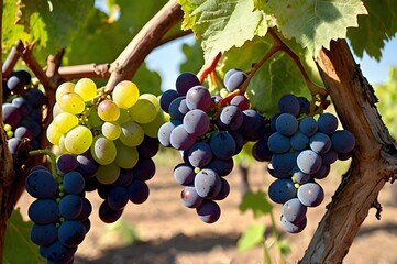 Fototapeta premium In a sun-drenched vineyard, vibrant clusters of ripe grapes hang from the vines, promising the rich flavors of summer's bounty captured in each plump fruit.