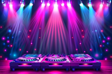 Vibrant DJ Setup with Dual Mixing Decks Colorful Lights and Smoke Effects in a High Energy Concert Atmosphere