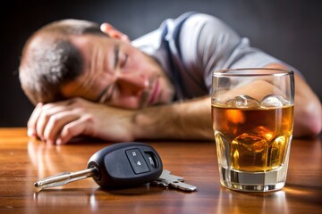 A man is sleeping on a table with a car key and a glass of alcohol