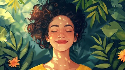 A woman smiling with eyes closed, embracing a peaceful moment in nature