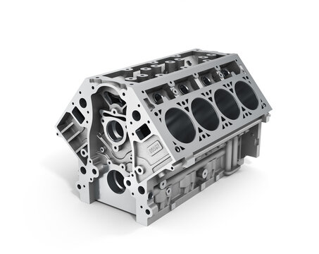 3d render of cylinder block from strong car with V8 engine isolated on a white background.
