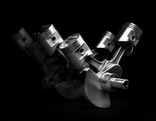 3d render of V8 engine pistons and cog on black background.