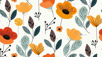 Seamless retro floral pattern with bold, colorful flowers and leaves