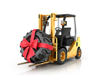Forklift truck with wheel, ribbon and bow on a white background.