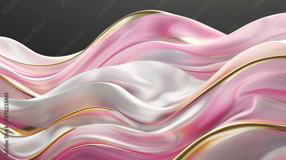 Poster 3d rendering of a pink and white background with golden waves. an abstract wavy design in liquid sha