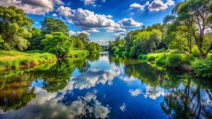 Obraz premium The River Flows Through A Green Valley, Reflecting The Sky Above.