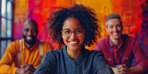 Casual meeting of smiling diverse business team analyzing financial data