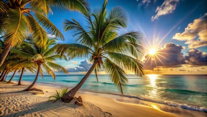 Fototapeta premium Amazing Palm Trees On Tropical Beach With White Sand And Crystal Clear Water. Beautiful Sunset Over Ocean.