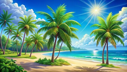 Obraz premium Colorful cartoon illustration of a serene tropical beach with swaying palm trees against a vibrant blue sky backdrop atmosphere.
