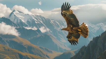 Obraz premium The majestic flight of an eagle soaring high above the mountains symbolizes freedom and the power of nature.