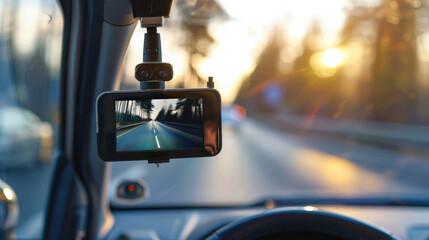 Modern Dashcam Mounted in Car Recording Drive