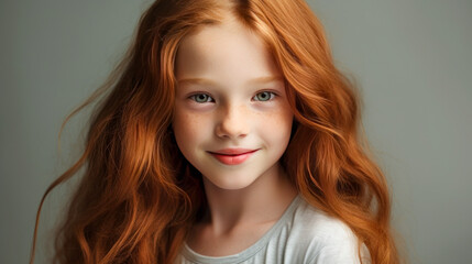 Naklejka premium Portrait of a gorgeous cute smiling beautiful baby girl with red hair and perfect skin, gray background, banner.
