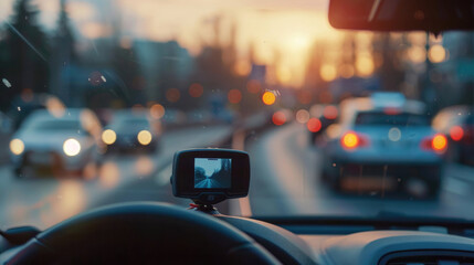 Modern Dashcam Mounted in Car Recording Drive