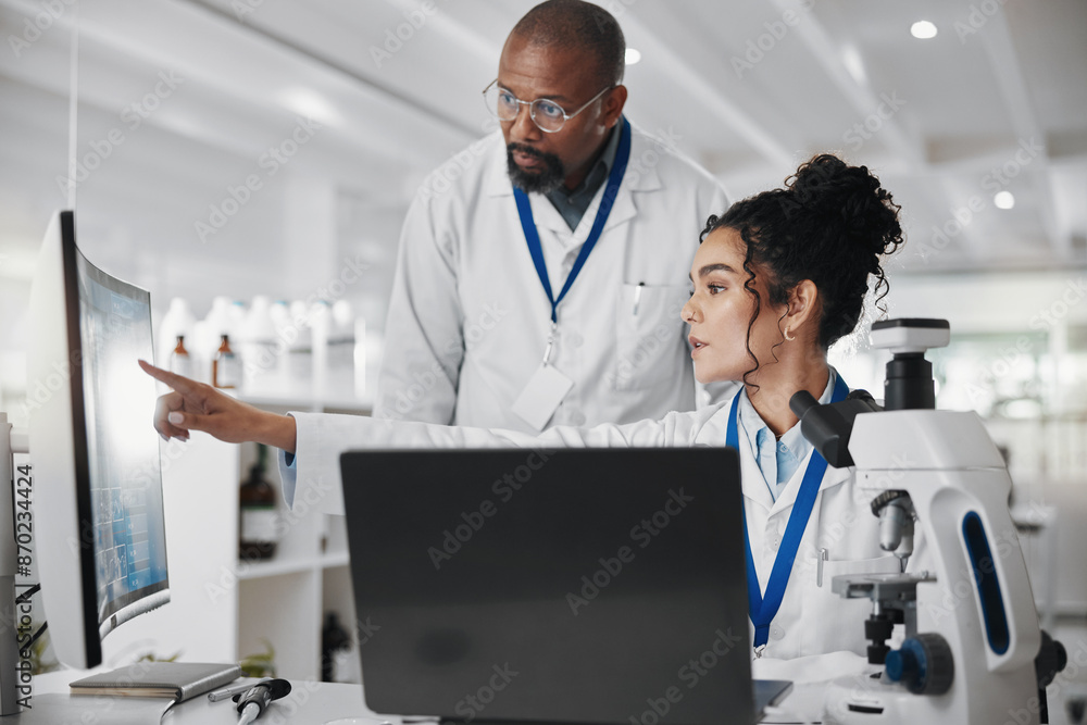 Poster teamwork, technology and scientist in laboratory for analysis, innovation or experiment. collaborati