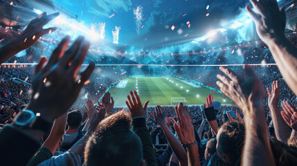 Crowd of Football Enthusiasts Cheering and Clapping in Stadium