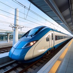Fototapeta premium high speed electric train Running towards the platform of the train station.