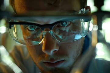 Scientist with furrowed brow intently examines a colorful liquid in a flask
