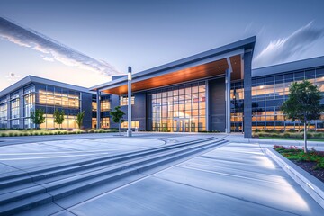 A modern school building with sleek architecture, a welcoming entrance, and well-maintained grounds