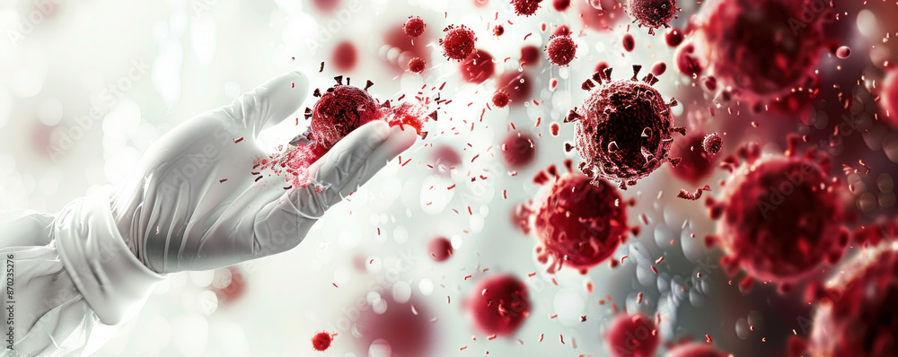 Poster a hand is holding a red object, possibly a virus, while surrounded by red particles. concept of dang