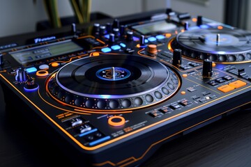 Obraz premium High Tech DJ Console with Mixing Decks and Orange LED Lights in a Modern Club Environment