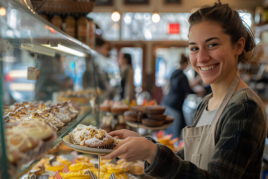A smiling female baker and shop owner offers exemplary customer service as she hands a customer their order in her retail store. The image captures the warm and friendly atmosphere of the bakery.