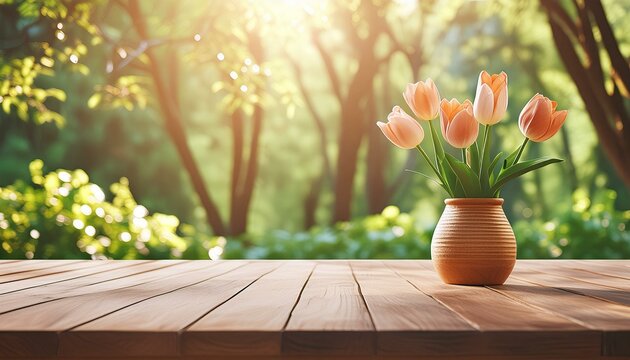 florero con tulipanes holandeses sobre mesa de madera y fondo boscoso 9