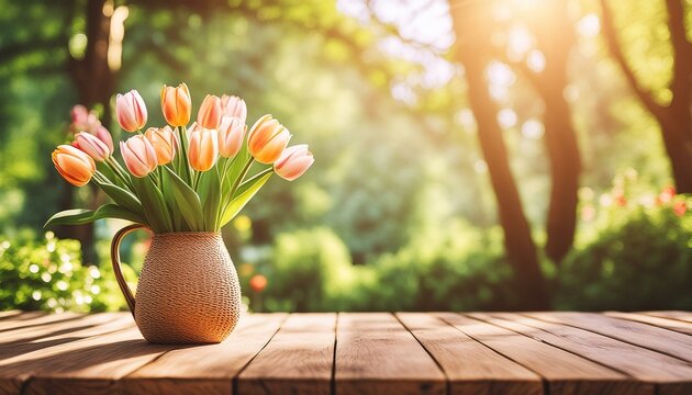 florero con tulipanes holandeses sobre mesa de madera y fondo boscoso 8
