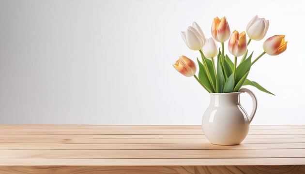 florero con tulipanes holandeses sobre mesa de madera y fondo blanco 3