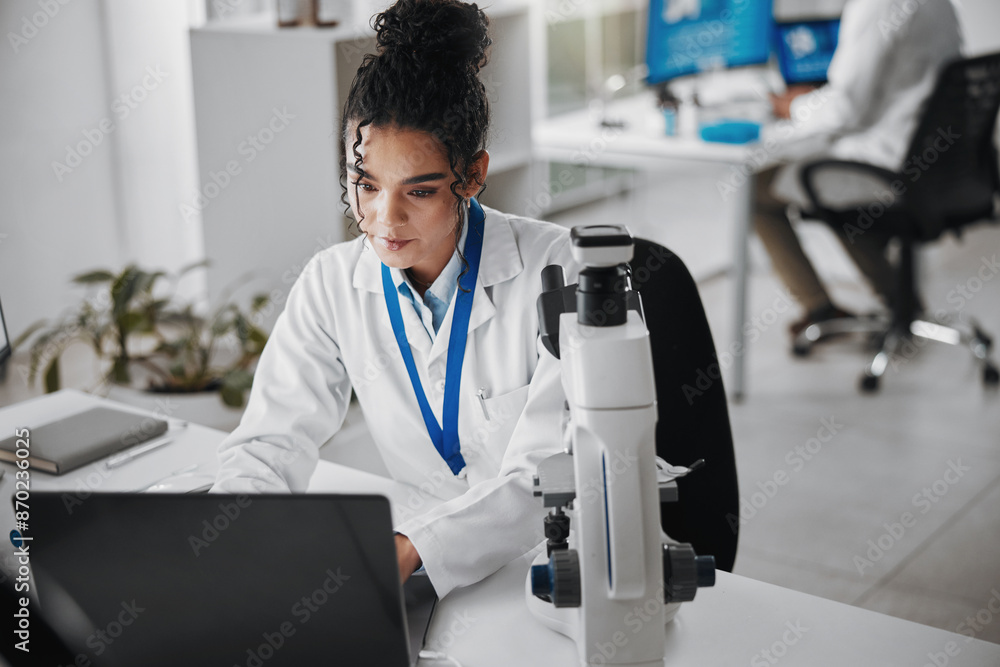 Poster laptop, microscope and science with woman in laboratory for medical or pharmaceutical research. comp