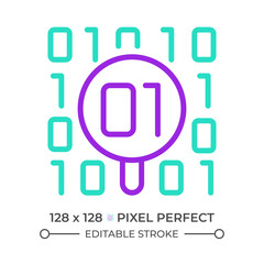Data analysis two color line icon. Binary code and magnifying glass bicolor outline symbol. Digital data research. Programming. Duotone linear pictogram. Isolated illustration. Editable stroke