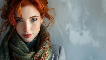 Woman with Red Hair, Scarf, Blazer, Posing Indoors, Poise and Elegance