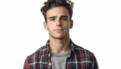 Obraz premium Young Man in Casual Plaid Shirt with Serious Expression, White Background