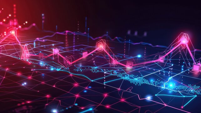Blockchain ledger with a declining graph, scifi tone, complementary color scheme, side view, illustrating market decline - Powered by Adobe