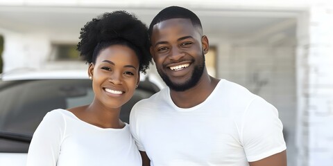 Obraz premium Joyful African American couple in front of new car and house. Concept African American couple, New car, New house, Joyful moments, Photoshoot ideas
