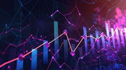 Increasing asset value with rising charts, scifi tone, triadic color scheme, side view, illustrating market success