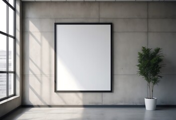 an empty poster frame in a modern office interior on a concrete wall with natural light from windows concept of advertising space mock up