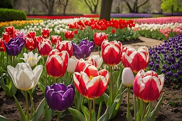 Amidst a tranquil garden, a symphony of tulips dances in the gentle breeze, their vibrant hues of pink, purple, red, and white painting a picturesque scene of springtime bliss.