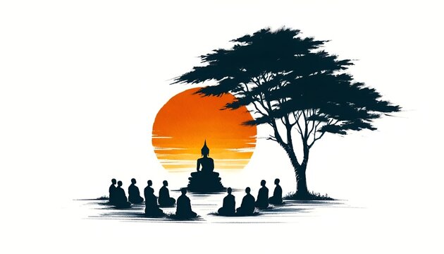 Watercolor illustration for asalha puja with silhouette of buddha and monks.