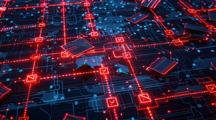 Blockchain network failure with error messages, technology tone, splitcomplementary color scheme, top view, highlighting network vulnerability