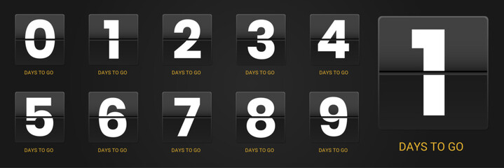 Countdown days to go. Count time display with all numbers from zero to nine. Sales or promotion clock.